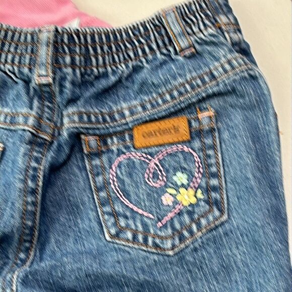 VTG Carter’s | Baby Girls Embroidered Denim Blue Jeans Pink Long Sleeve T Shirt - Picture 3 of 16